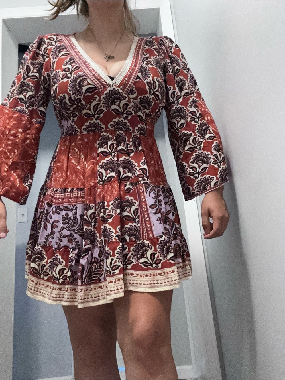 Angie Rust and Cream Patchwork V‑Neck Mini Dress